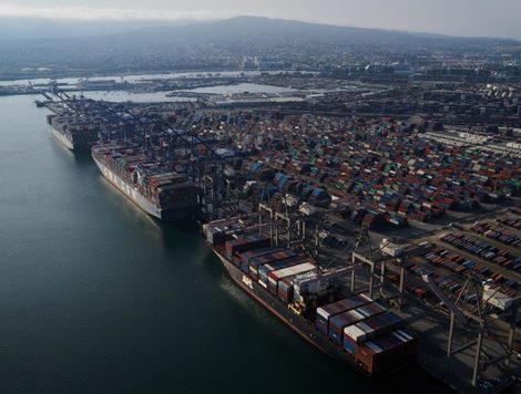 Container ships dock at the Port of Los Angeles in Los Angeles, California