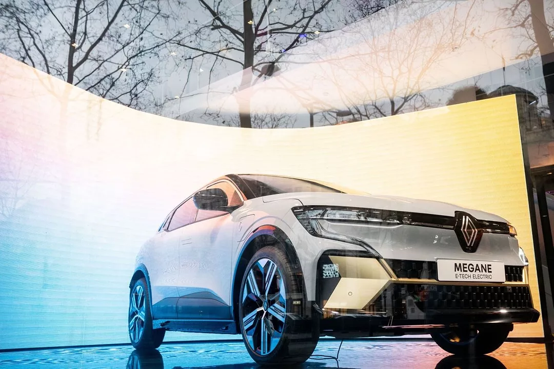 A RENAULT MEGANE ELECTRIC CAR ON DISPLAY