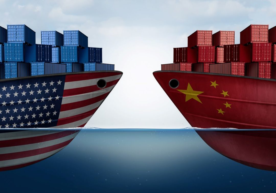 A GRAPHIC SHOWS TWO CONTAINER SHIPS FACING ONE ANOTHER, ONE BEARING AMERICAN FLAG, THE OTHER THE FLAG OF THE PEOPLE'S REPUBLIC OF CHINA