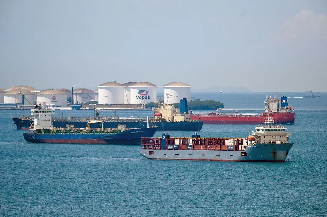 OIL TANKERS ARE ANCHORED AT SEA 
