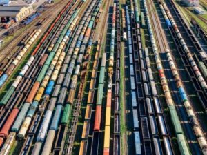 AERIAL VIEW OF A RAIL STOCK YARD 