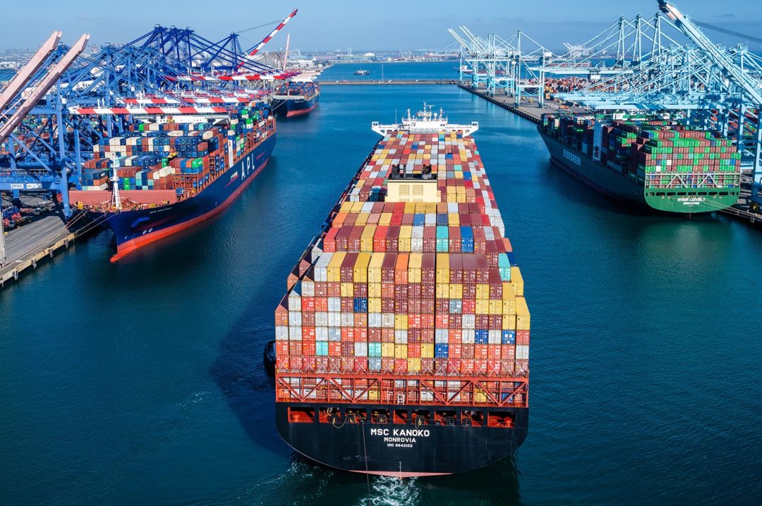 AERIAL PHOTO OF CONTAINER SHIPS DOCKED AT THE PORT OF LOS ANGELES