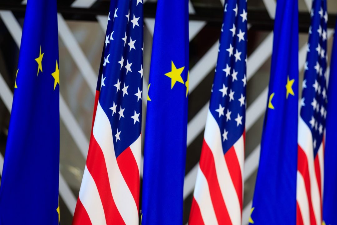 US AND EU FLAGS CLUSTERED TOGEGTHER