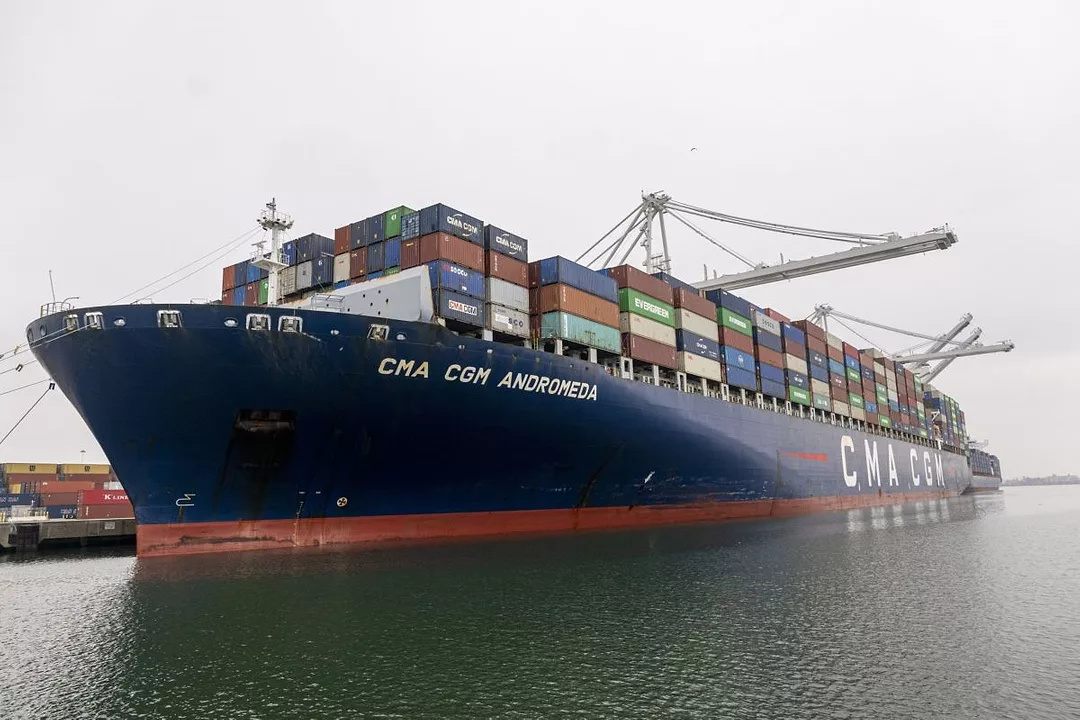 A WATERLINE SHOT OF THE CONTAINER VESSEL CMA CGM ANDROMEDA