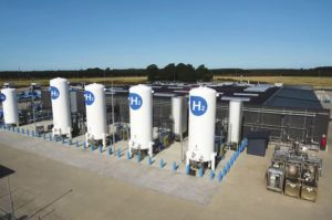 AERIAL PHOTO OF HYDROGEN STORAGE TANKS OUTSIDE AT A HYDROGEN PLANT