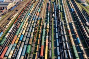 AERIAL VIEW OF A RAIL STOCK YARD