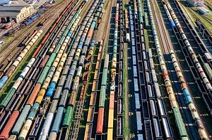 AERIAL VIEW OF A RAIL STOCK YARD