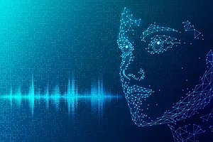 GRAPHIC WITHE THE ELECTRONIC OUTLINE OF A HUMAN FACE AND A VOICE WAVE PATTERNpg