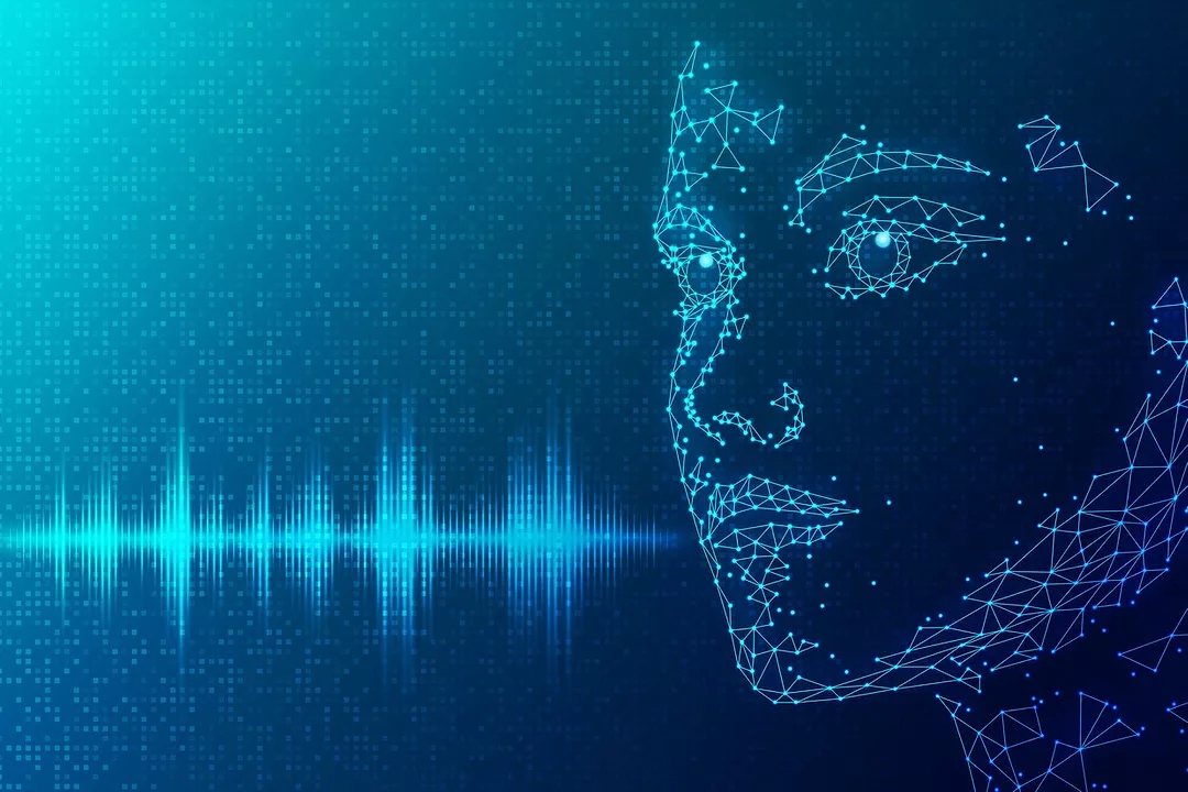GRAPHIC WITHE THE ELECTRONIC OUTLINE OF A HUMAN FACE AND A VOICE WAVE PATTERNpg