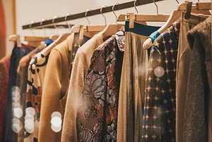 A RACK OF FASHION CLOTHING IN NEUTRAL COLORS