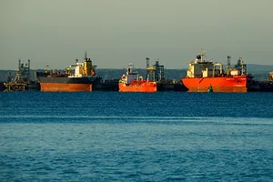A CLUSTER OF OIL TANKERS AT SEA