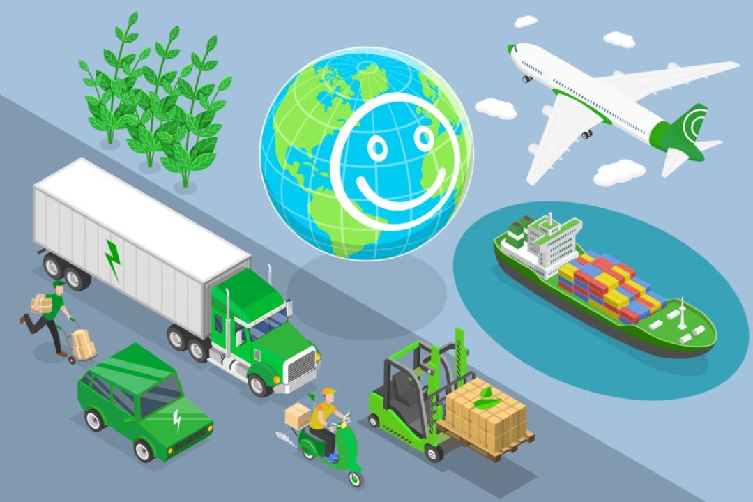 A GRAPHIC SHOWING GREEN TRUCK, PLANE, CAR AND SHIP, PRESIDED OVER BY A PLANET WITH A SMILEY FACE.