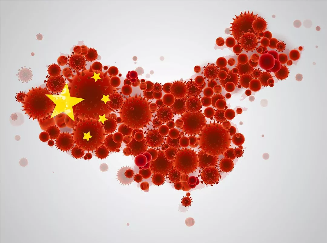 A MAP OF CHINA RENDERED IN RED STARBURSTS AND YELLOW STARS