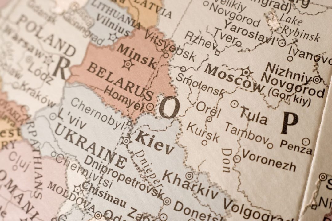 A MAP SHOWING THE CITIES AND BORDERS OF UKRAINE, RUSSIA AND BELARUS