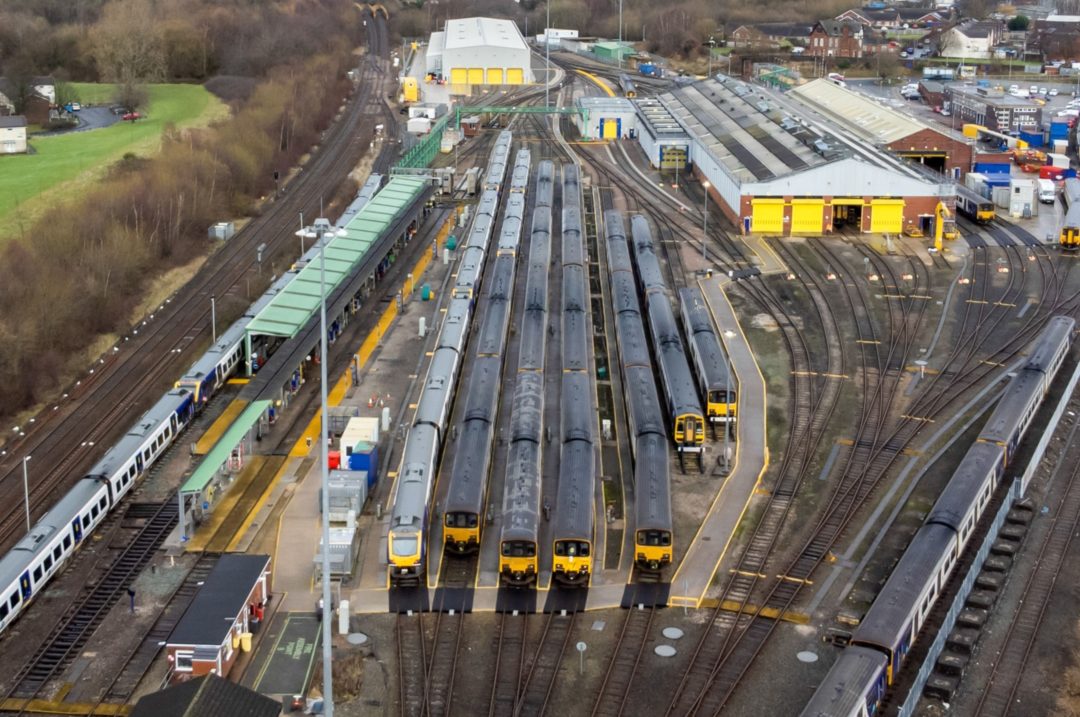 AERIAL VIEW OF A LARGE UK RAIL YARD 