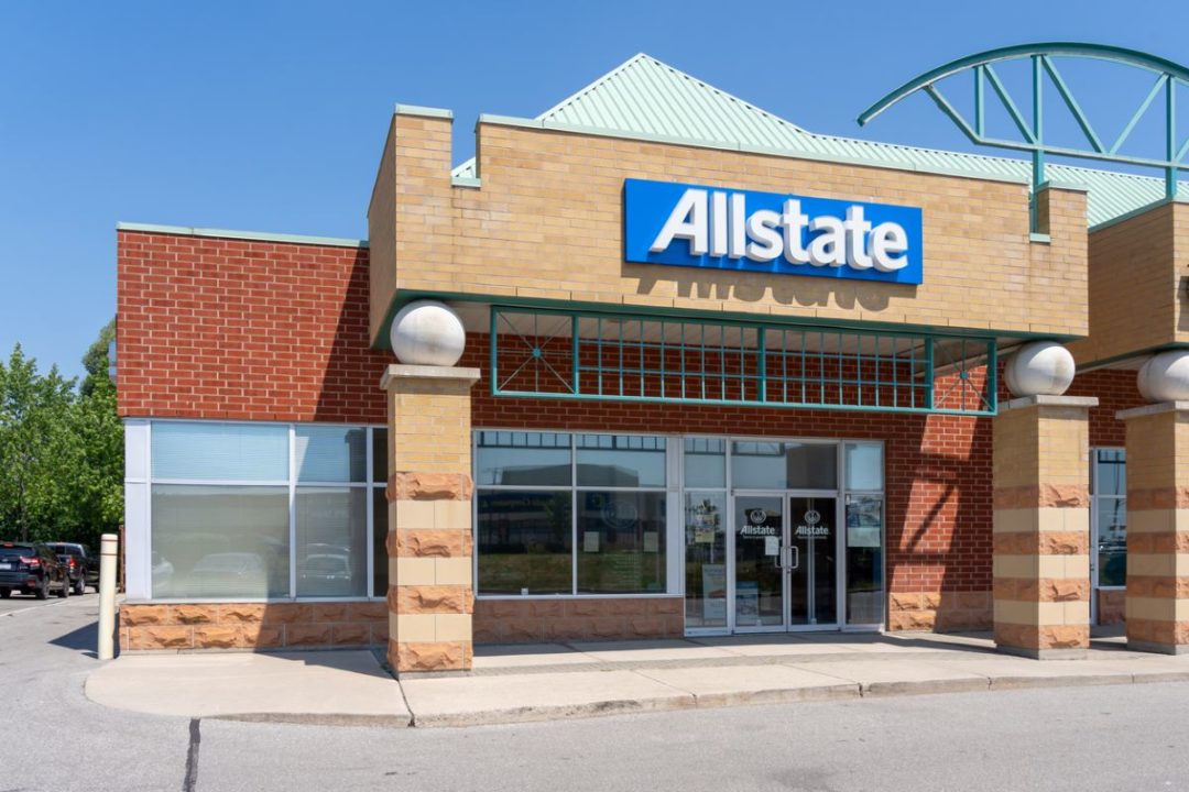 A SMALL OFFICE BUILDING BEARS THE WORD ALLSTATE 
