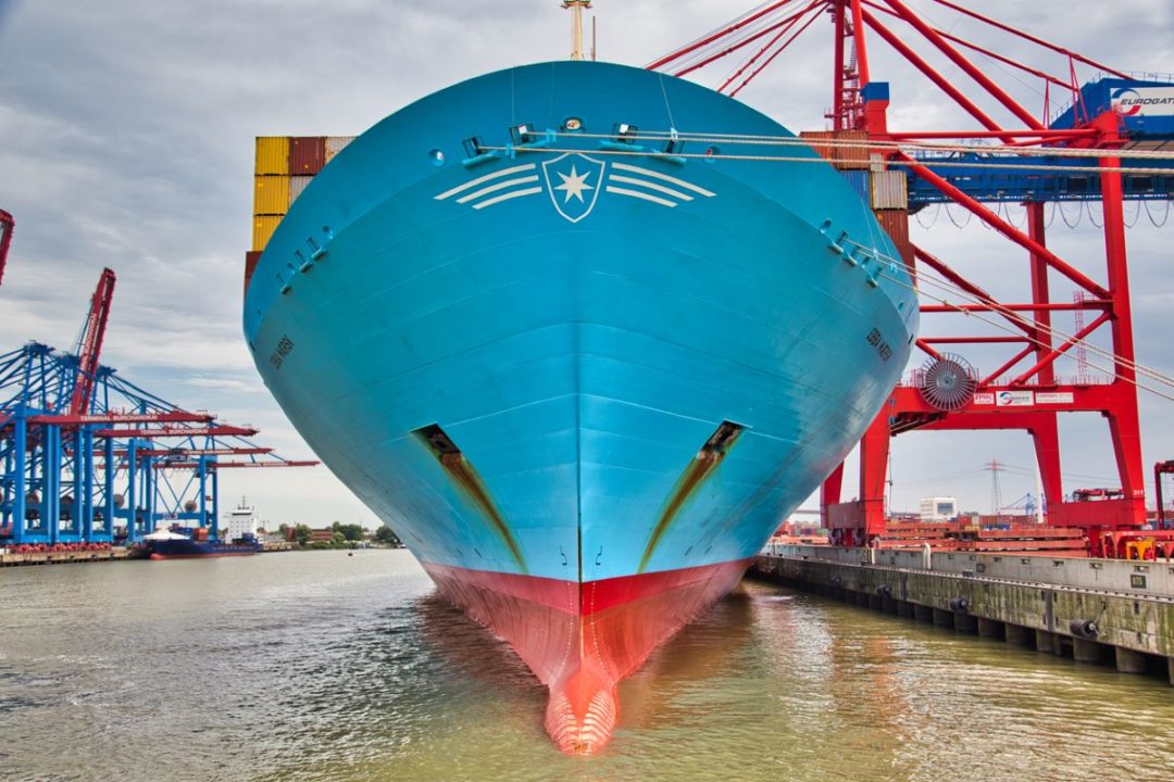 THE PROW OF A CONTAINER SHIP, AT DOCK, BEARS THE INSIGNIA OF MAERSK AP MOLLER nke-1264066959.jpg