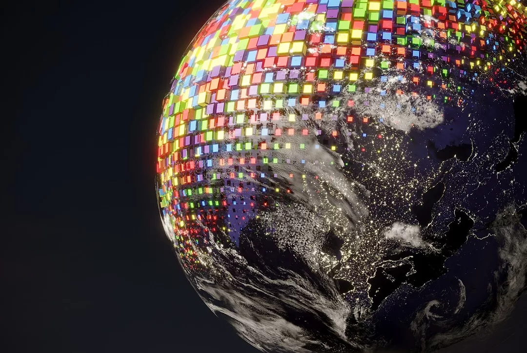 A PLANET SEEN FROM SPACE, COVERED LOOSELY IN BRIGHTLY COLORED TILES THAT ARE BREAKING AWAY