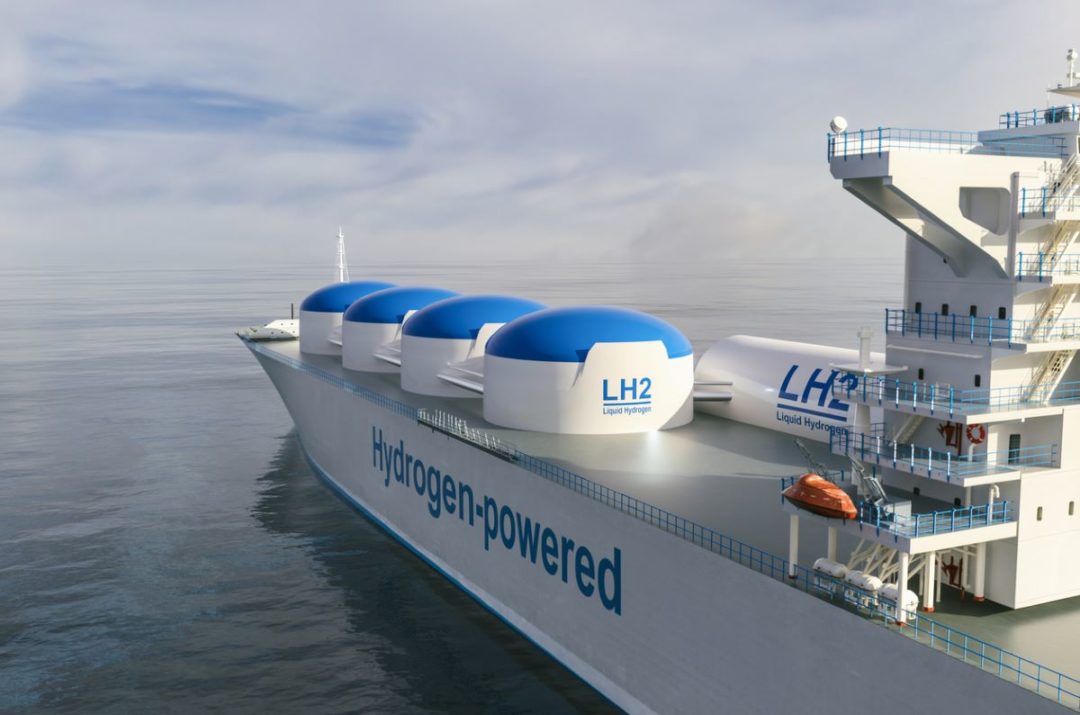 A WHITE SHIP BEARS THE BLUE WORDS HYDROGEN POWERED ON ITS SIDE