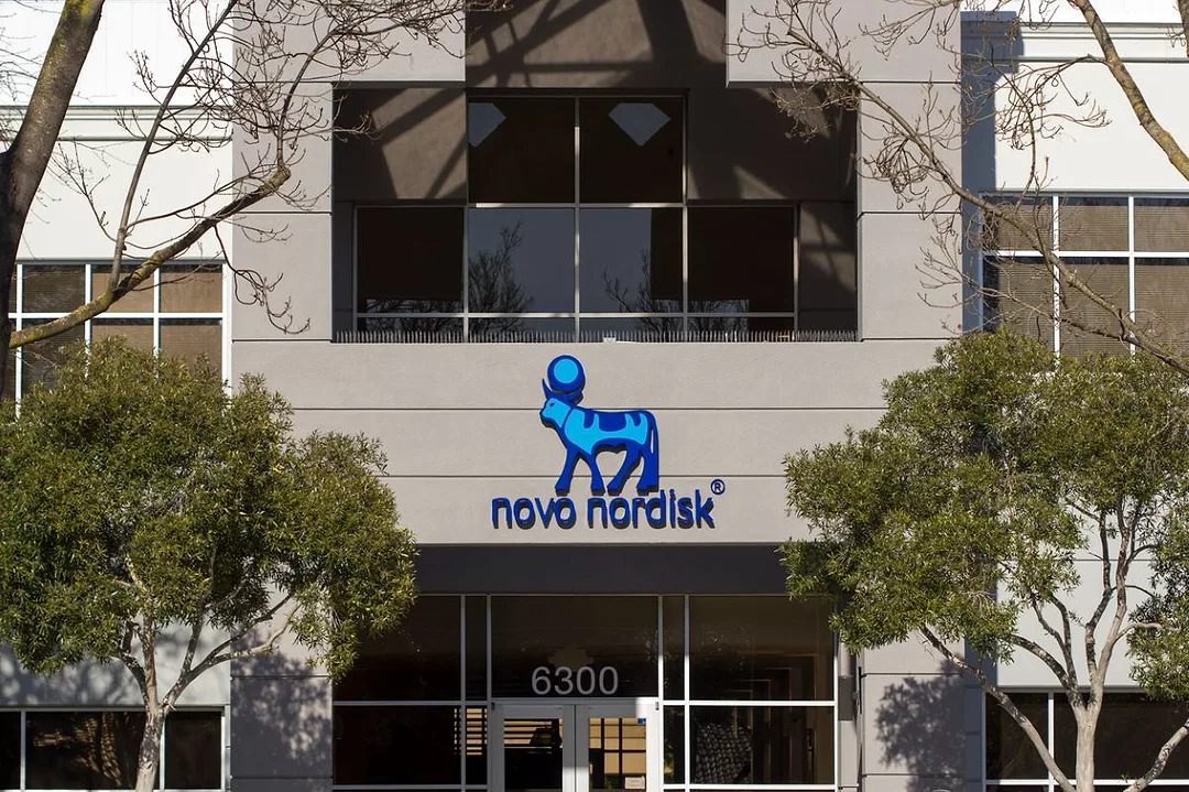 A MODERN OFFICE BUILDING BEARS THE NOVO NORDISK NAME