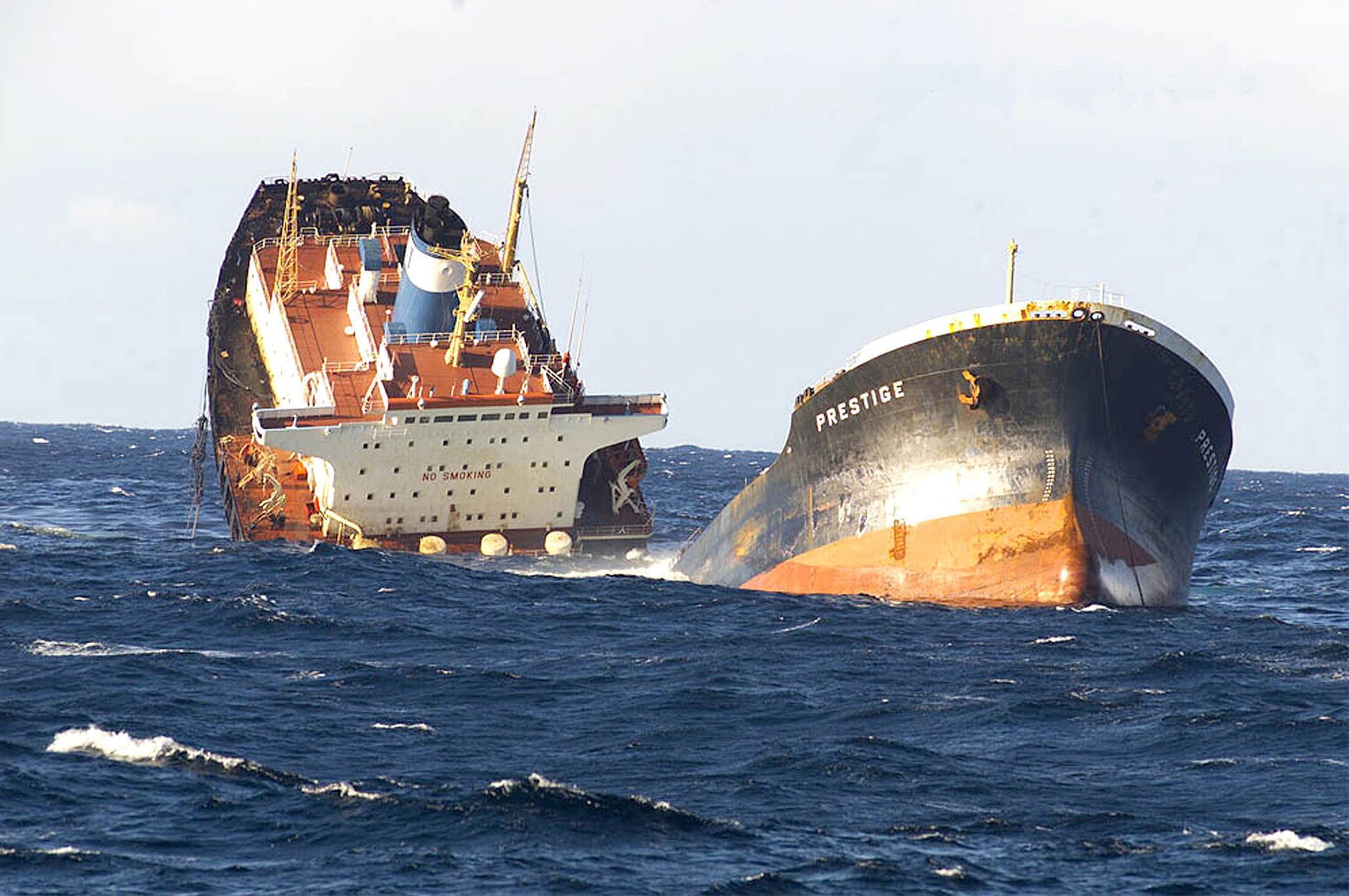 Oil tanker accident the oil tanker prestige sinks off the northwest coast of spain in november 2002. photographer douanes francaises getty images
