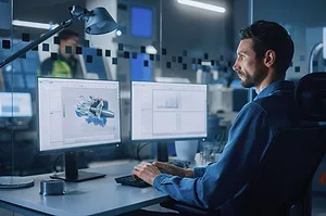 AN OFFICE WORKER SITS AT A BANK OF COMPUTER SCREENS.