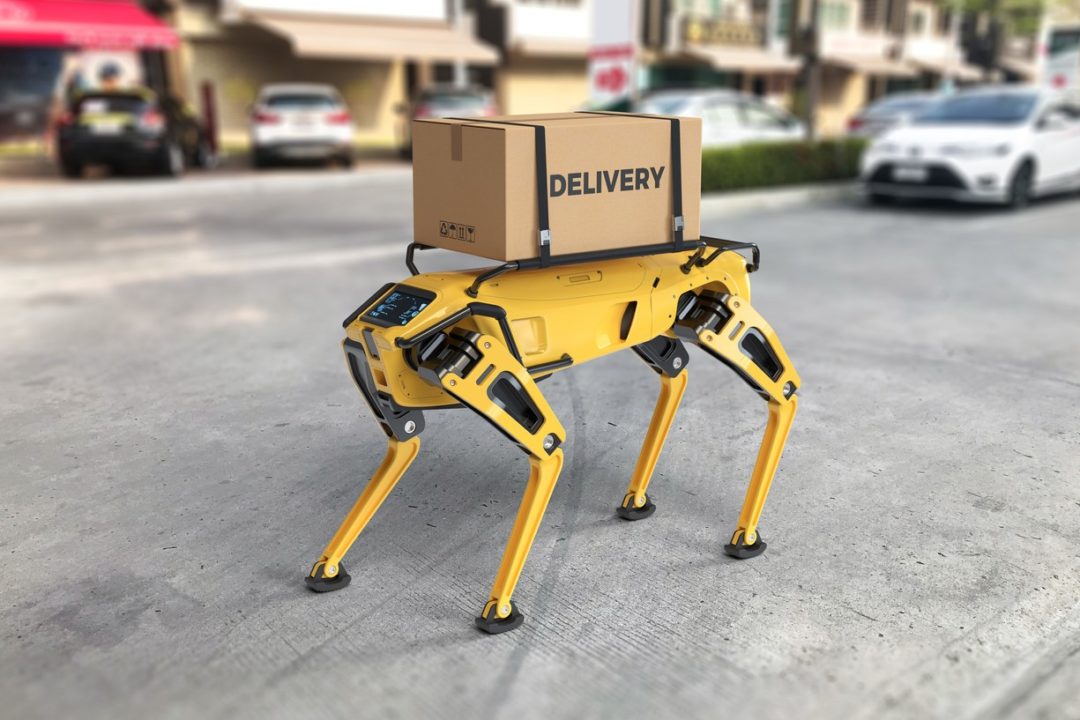 A DOG-SHAPED ROBOT CARRIES A PACKAGE MARKED "DELIVERY"