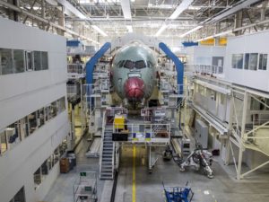 An Airbus A350 XWB passenger aircraft stands on the final assembly line at the Airbus factory in Toulouse, France. Photo: Bloomberg