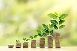 GREEN PLANTS OF INCREASING SIZES SPRING FROM INCREASING PILES OF COINS