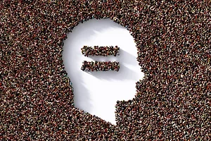 Human Head and Equal Sign Formed by Human Crowd on White Background