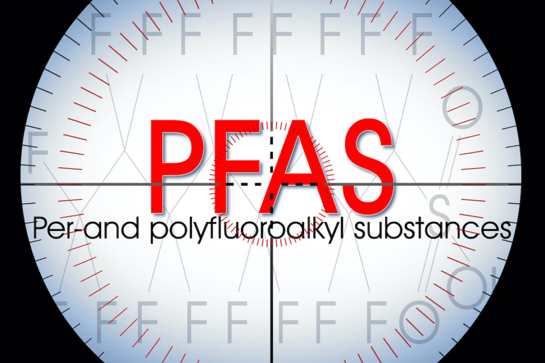 The letters "PFAS" with the words "per- and polyfluoroalkyl substances" are in the center of a visual scope. Photo: iStock.com/Francesco Scatena