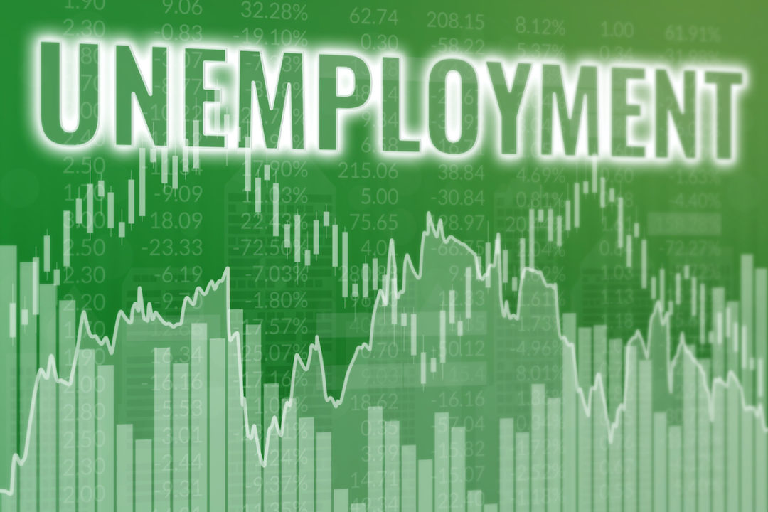 THE WORD "UNEMPLOYMENT" IS HOVERING ABOVE A GREEN LINE GRAPH AND BAR GRAPH.