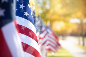 A CLOSEUP OF A ROW OF AMERICAN FLAGS WAVING IN THE WIND CAN BE SEEN NEXT TO A BLURRED SIDEWALK LINED WITH YELLOW TREES