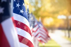 A CLOSEUP OF A ROW OF AMERICAN FLAGS WAVING IN THE WIND CAN BE SEEN NEXT TO A BLURRED SIDEWALK LINED WITH YELLOW TREES
