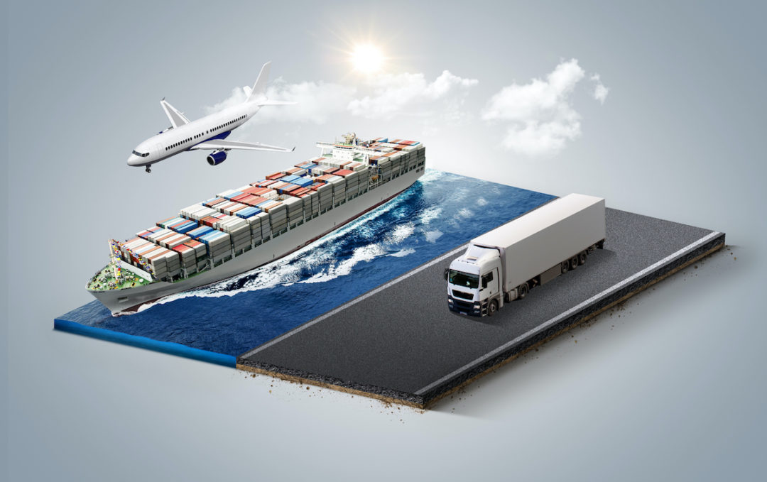 A 3D ILLUSTRATION SHOWS A TRUCK DRIVING ON A ROAD, A SHIP TRAVELING ON WATER AND AN AIRPLANE FLYING IN THE SKY.