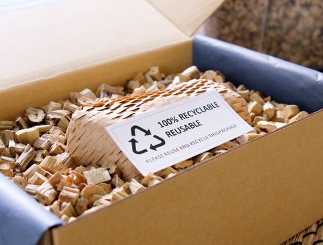 AN OPEN BOX FULL OF PAPER PACKAGING AND A LABEL THAT SAYS 100% REUSABLE RECYCLABLE
