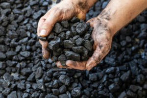 A DIRTY PAIR OF HANDS CAN BE SEEN HOLDING BRICKS OF COAL ABOVE A MUCH BIGGER PILE OF COAL.