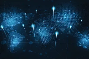 A graphic depicting global network connection World map abstract technology background global business innovation concept