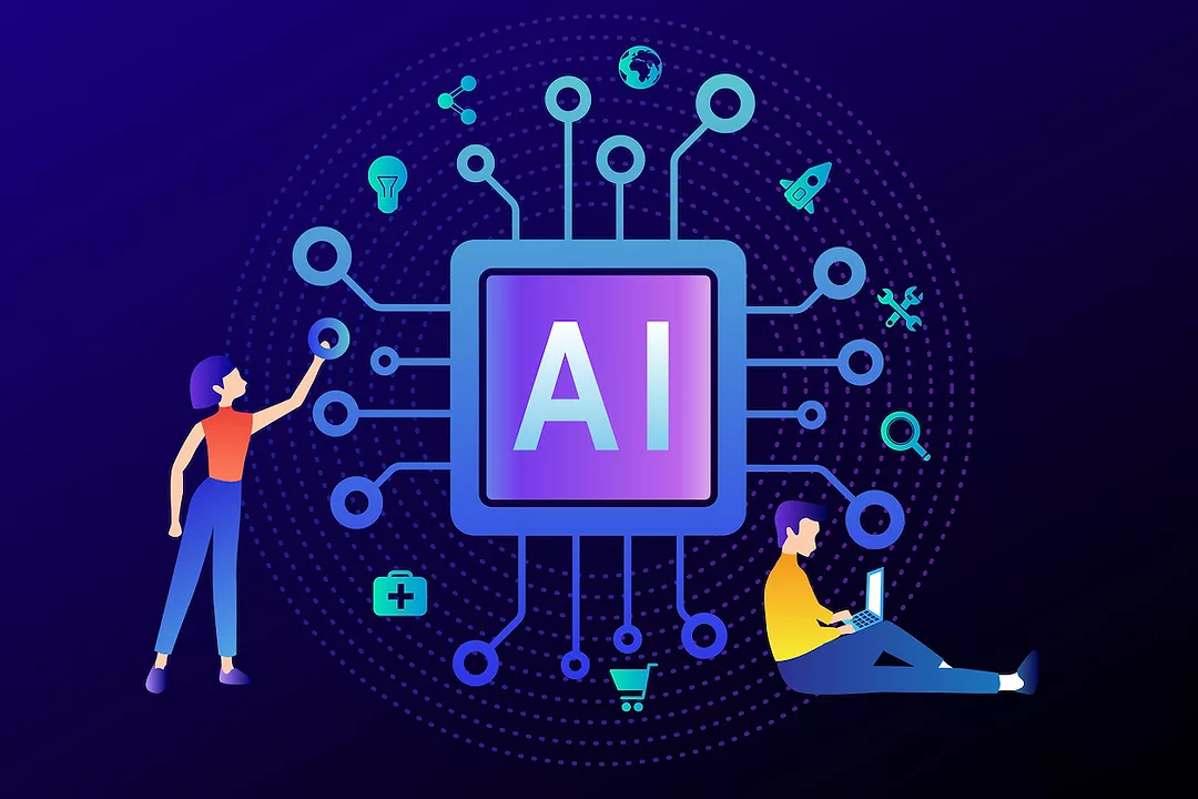 A DRAWING OF TWO PEOPLE ARE STANDING NEXT TO A SQUARE THAT READS "AI" WITH SEVERAL MECHANICAL BRANCHES COMING OFF OF THE SQUARE.