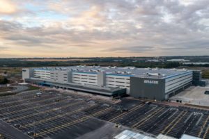 AN AERIAL VIEW OF AN AMAZON WAREHOUSING FACILITY.