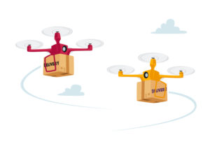 A CARTOON DRAWING OF RED AND YELLOW DELIVERY DRONES TRANSPORTING PACKAGES.