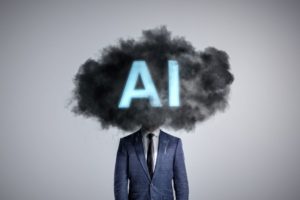 A MAN IN A SUIT HAS HIS HEAD OBSCURED BY A DARK CLOUD LABELLED AI