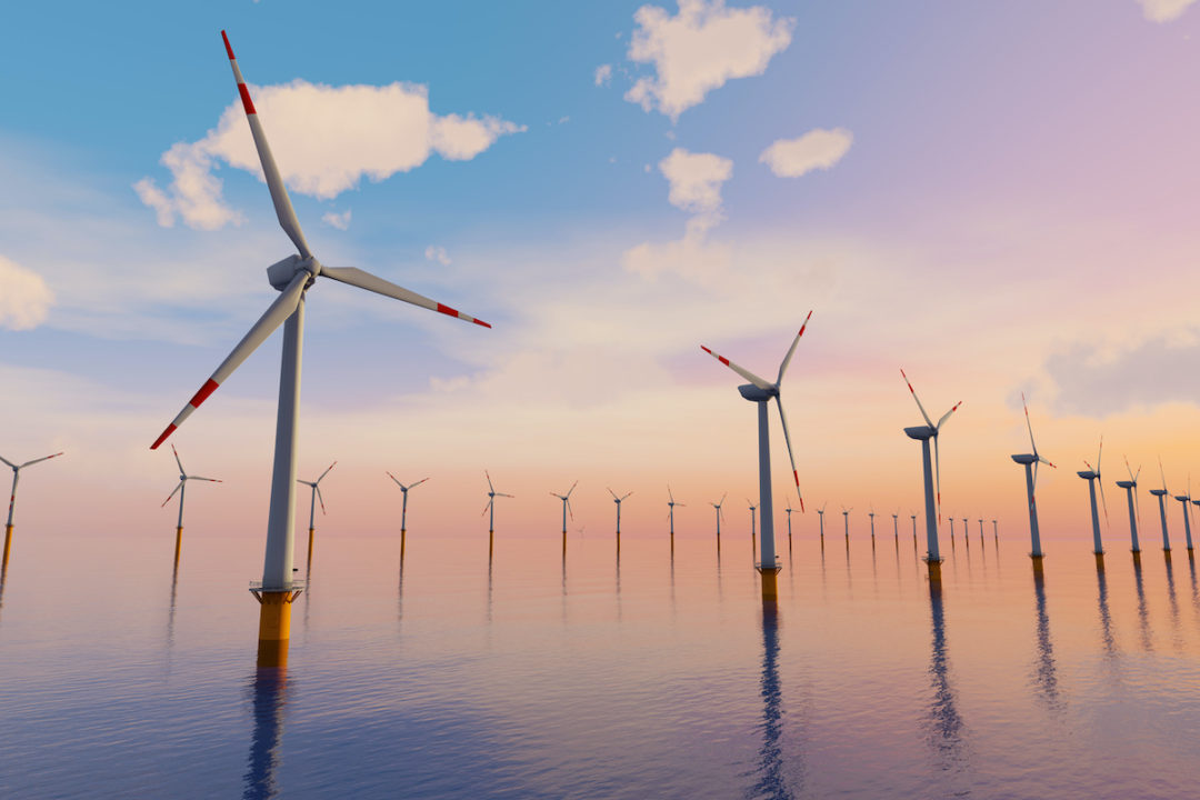 A 3D RENDERING OF A GIANT WIND TURBINE FARM LOCATED ON THE OPEN SEA.