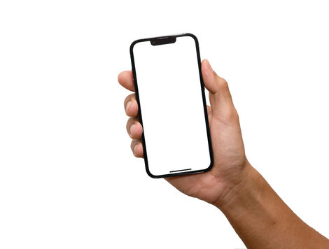 AN IPHONE IS BEING HELD UP IN A PERSON'S HAND IN FRONT OF A WHITE BACKGROUND.