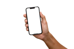 AN IPHONE IS BEING HELD UP IN A PERSON'S HAND IN FRONT OF A WHITE BACKGROUND.