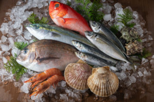 SEVERAL SPECIES OF FISH AND DIFFERENT TYPES OF SHELLFISH LAY ON TOP OF A PILE OF ICE.