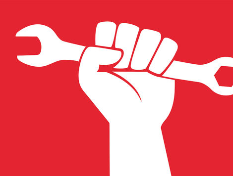 A DRAWING OF A WHITE ARM AND BALLED UP FIST HOLDING A WHITE WRENCH IN FRONT OF A RED BACKGROUND.