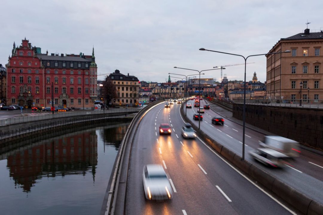 Highway urban traffic with view over a canal in Stockholm