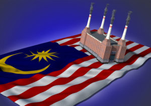 A FACTORY WITH FOUR SMOKESTACKS SITS ON TOP OF THE MALAYSIAN FLAG IN FRONT OF A BLUE BACKGROUND. SMOKE IS BILLOWING OUT OF THE SMOKESTACKS.