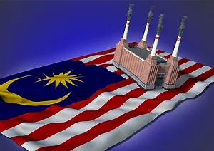 A FACTORY WITH FOUR SMOKESTACKS SITS ON TOP OF THE MALAYSIAN FLAG IN FRONT OF A BLUE BACKGROUND. SMOKE IS BILLOWING OUT OF THE SMOKESTACKS.